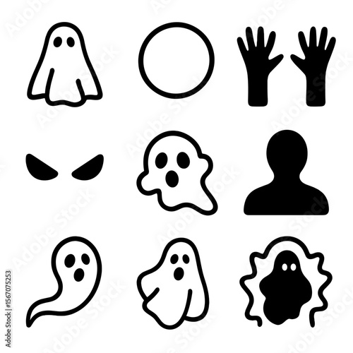 Ghostly Icon Set. Solid, filled icon set of Ghostly apparitions: transparent figure, floating orb, spectral hands, glowing eyes,
