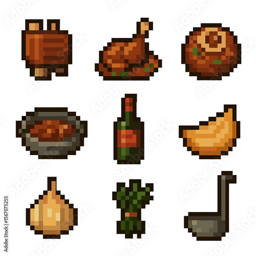 Braised Dishes Icons. Pixel art icon set of braised dishes: braised short rib, coq au vin, osso buco, braising pan, wine bottle,