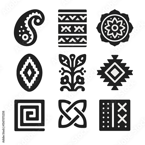 Cultural Icon Set. Solid, filled icon set of cultural bold prints: paisley, tribal pattern, mandala, ikat, batik, Aztec symbols,