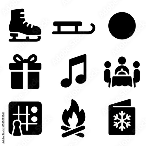 Winter Activity Icons. Solid, filled icons set of winter activities and traditions: ice skate, sled icon,