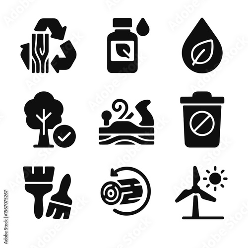 Eco-Friendly Wood Icons. Solid, filled icon set of eco-friendly woodwork: recycled wood, non-toxic varnish, natural oils,