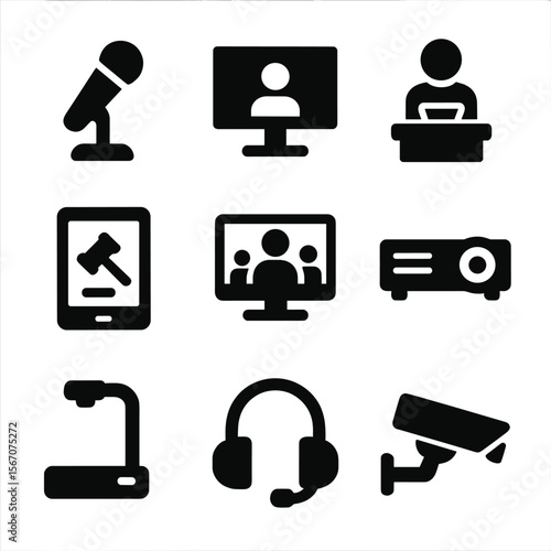 Courtroom Technology Icons. Solid, filled icon set of courtroom technology: microphone, video screen, court recorder, digital