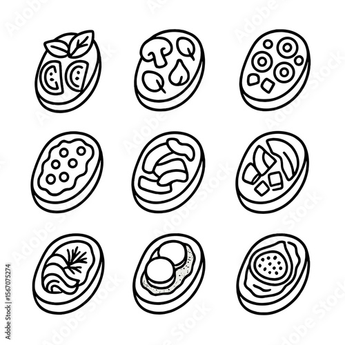 Bruschetta Icon Set. Outline icon set of bruschetta varieties: tomato basil, mushroom garlic, olive tapenade, goat cheese honey,