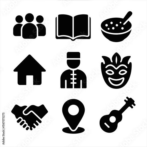 Cultural Exchange Icons. Solid, filled icon set of cultural exchange experiences: group of people, open book, local food, home