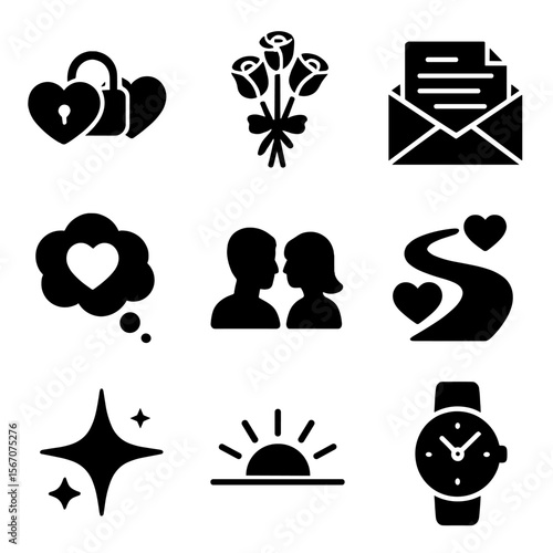 Romantic Story Icons. Solid, filled icon set of romantic story symbols: locked hearts, rose bouquet, handwritten letter, dreamy