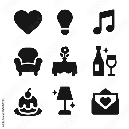 Wallpaper Mural Romantic Dinner Icons. Solid, filled icon set of romantic dinner setup: heart symbol, soft light bulb, music note, cozy chair, Torontodigital.ca