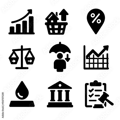 Economic Indicators Icons. Solid, filled icon set of economic indicators affecting currency: GDP graph, inflation, interest rate,