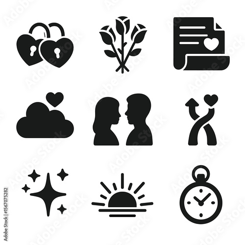 Romantic Story Icons. Solid, filled icon set of romantic story symbols: locked hearts, rose bouquet, handwritten letter, dreamy