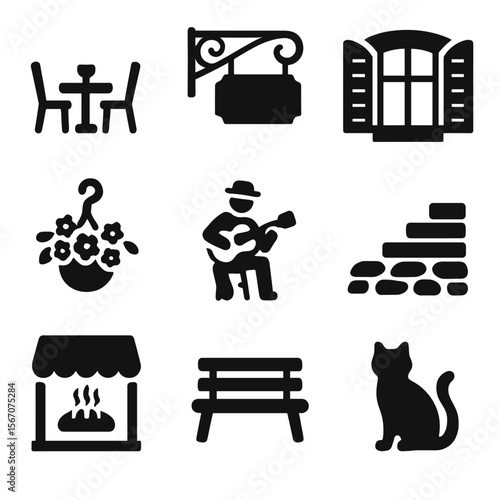 Cozy European Street Icons. Solid, filled icon set of cozy European streets: cafe table, wrought iron sign, window with shutters,