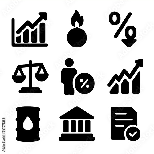 Economic Indicators Icons. Solid, filled icon set of economic indicators affecting currency: GDP graph, inflation, interest rate,