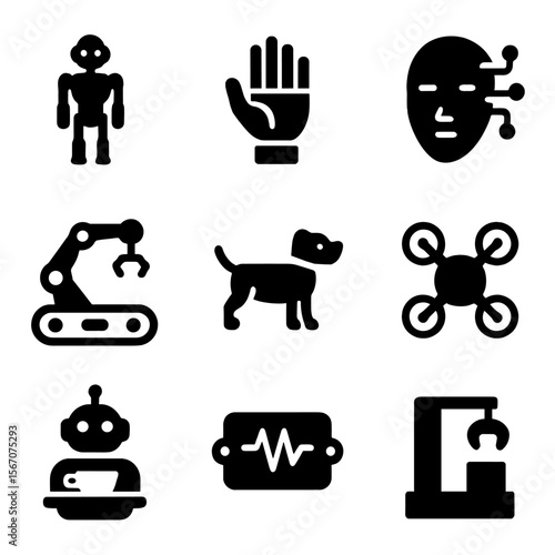 Robotics Icon Grid. Solid, filled icon set of robotics innovation: humanoid robot, robotic hand, AI face, conveyor arm, robot dog,