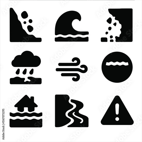 Coastal Erosion Icons. Solid, filled icons set of coastal erosion and natural forces: falling rock icon, wave