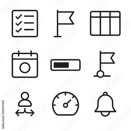 Task Management Icons. Outline icon set of task management and prioritization: task list with checkboxes, priority flag, kanban