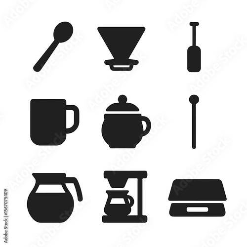 Coffee Accessories Icons. Solid, filled icons set of coffee accessories: coffee spoon, coffee filter, milk