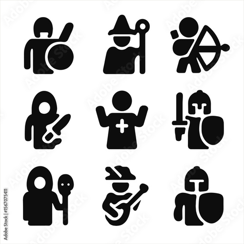 RPG Role Icon Grid. Solid, filled icon set of RPG character roles: warrior, mage, archer, rogue, healer, paladin, necromancer,