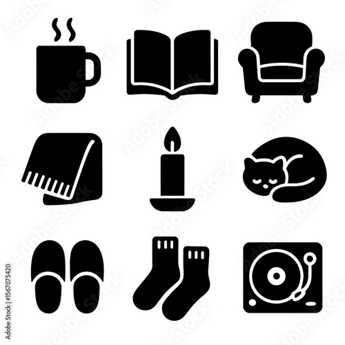 Cozy Tea Icons. Solid, filled icon set of cozy tea atmosphere: steaming mug, open book, armchair, warm blanket, candle, cat curled