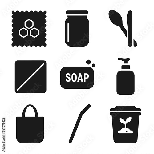 Zero-Waste Icon Set. Solid, filled icons set of zero-waste lifestyle materials: beeswax wrap, glass jar,