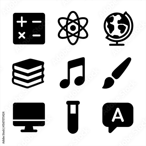 Educational Icon Grid. Solid, filled icon set of study subjects for tutoring: math symbols, atom, globe, book stack, music note,