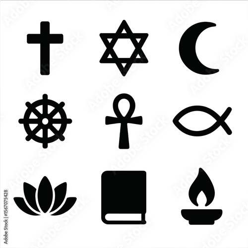 Sacred Symbols Icons. Solid, filled icon set of sacred symbols in clergy context: cross, star of David, crescent moon, dharma