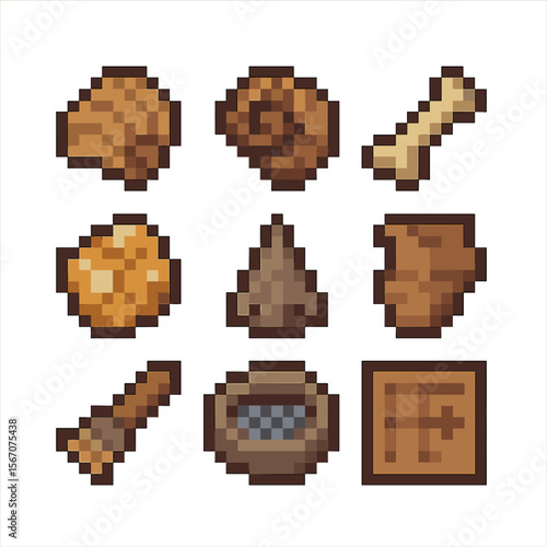 Buried Treasures Icons. Pixel art icon set of buried treasures & fossils: fossil shell, ammonite, bone fragment, gold nugget,