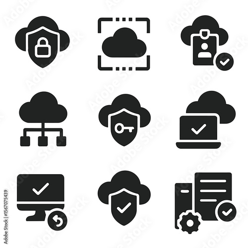 Zero Trust Icons Grid. Solid, filled icons set of zero trust cloud architecture: secure perimeter, trust