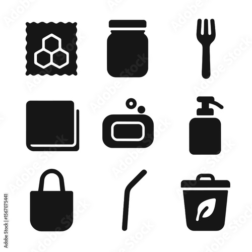 Zero-Waste Icon Set. Solid, filled icons set of zero-waste lifestyle materials: beeswax wrap, glass jar,