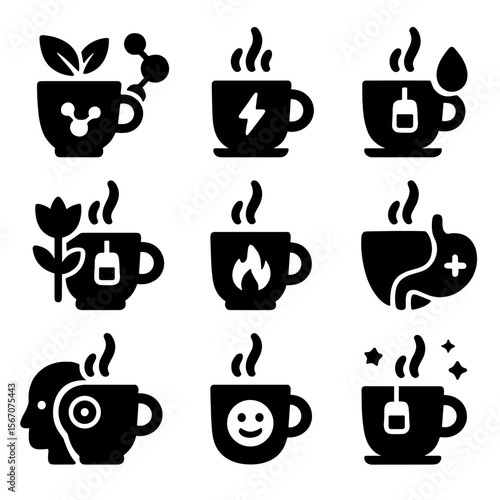Coffee and Tea Benefits. Solid, filled icons set of coffee and tea health benefits: antioxidants, energy boost