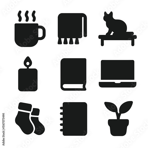 Cozy Workspace Icons. Solid, filled icon set of cozy workspace vibe: coffee mug, blanket, cat on desk, candle, book, laptop, fuzzy
