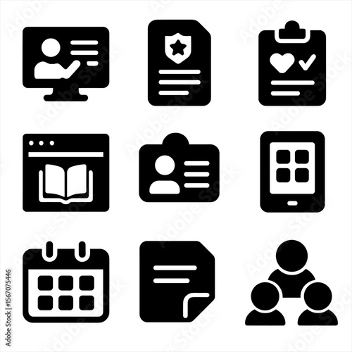 Educator Tools Icons. Solid, filled icon set of educator tools for special needs support: teacher dashboard, IEP document,