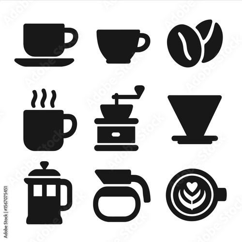 Coffee Icons Collection. Solid, filled icons set of coffee: coffee cup, espresso shot, coffee beans, steaming