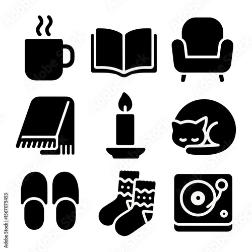 Cozy Tea Icons. Solid, filled icon set of cozy tea atmosphere: steaming mug, open book, armchair, warm blanket, candle, cat curled