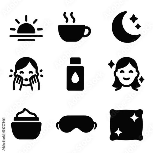 Morning and Night Skincare. Solid, filled icons set of morning vs night face washing: sunrise icon, coffee cup
