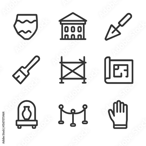Tangible Heritage Icon Set. Outline icon set of tangible heritage preservation: ancient pottery shard, historic building