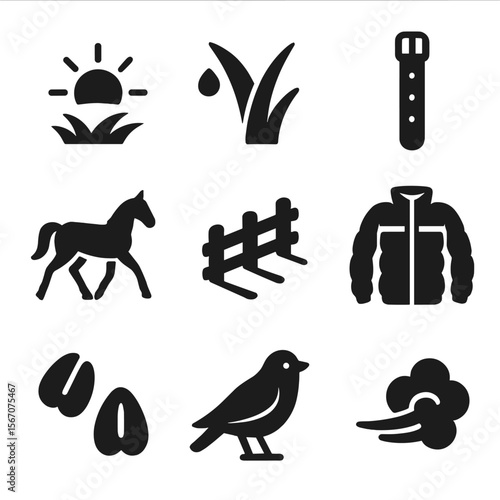 Morning Ride Icons. Solid, filled icons set of morning rides through pasture: sunrise, dew on grass, saddle