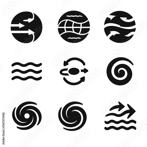 Global Circulation Icons. Solid, filled icon set of global atmospheric circulation: trade winds, polar easterlies, westerlies,