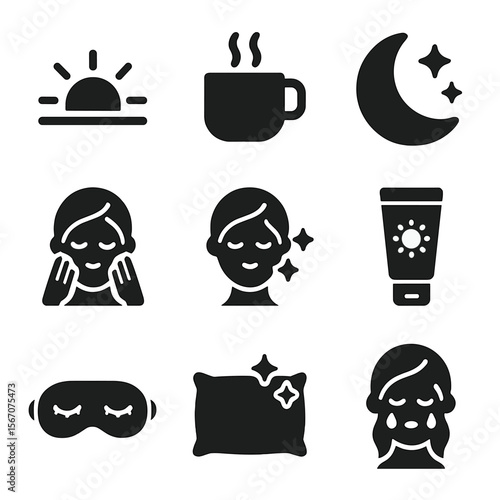 Morning and Night Skincare. Solid, filled icons set of morning vs night face washing: sunrise icon, coffee cup