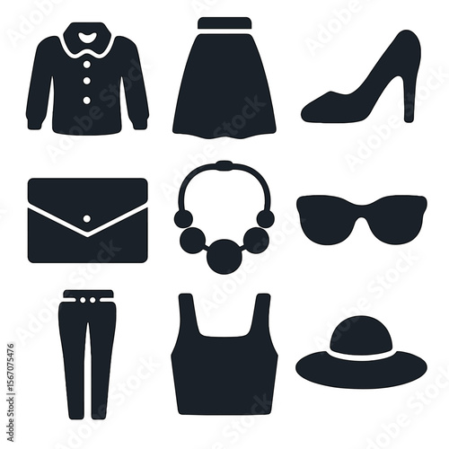 Modern Womenswear Icons. Solid, filled icons set of womenswear fashion: blouse, midi skirt, high heels, clutch