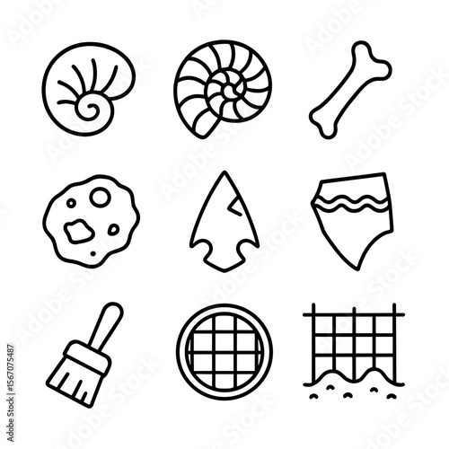 Buried Treasures Icons. Outline icon set of buried treasures & fossils: fossil shell, ammonite, bone fragment, gold nugget,