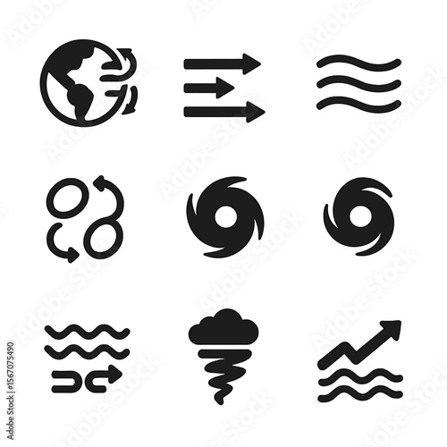 Global Circulation Icons. Solid, filled icon set of global atmospheric circulation: trade winds, polar easterlies, westerlies,