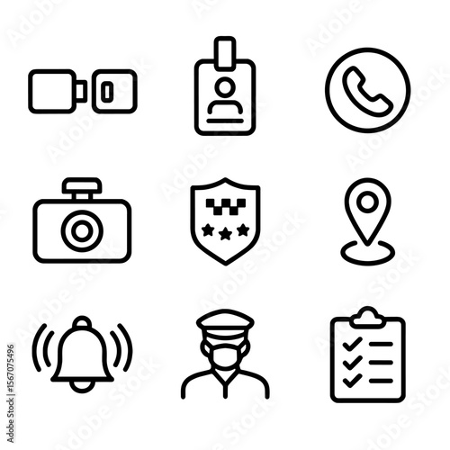 Taxi Safety Icon Set. Outline icon set of taxi safety features: seatbelt buckle, driver ID badge, emergency call button, dash