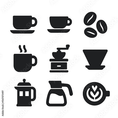 Coffee Icons Collection. Solid, filled icons set of coffee: coffee cup, espresso shot, coffee beans, steaming