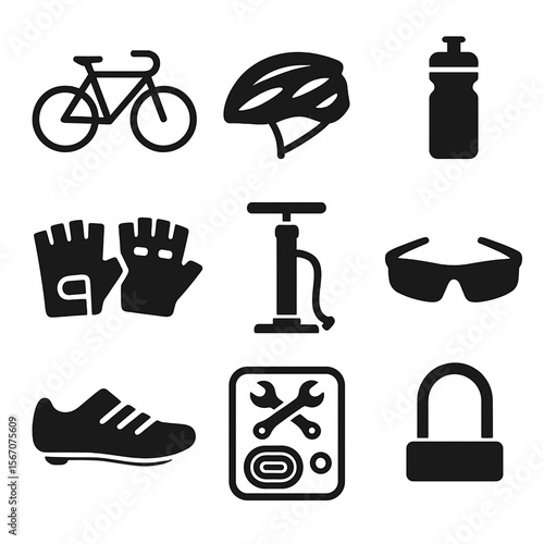 Cycling Gear Icons. Solid, filled icon set of cycling equipment: bicycle, helmet, water bottle, cycling gloves, bike pump,
