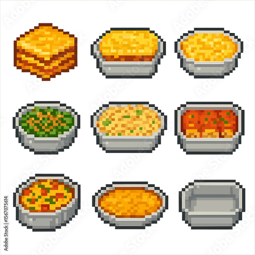 Casserole Icon Set. Pixel art icon set of comforting casseroles: lasagna slice, shepherd’s pie, mac and cheese, green bean bake,