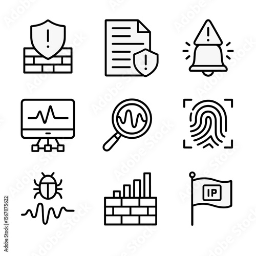 Threat Detection Icons. Outline icon set of threat detection and continuous monitoring: intrusion detection system, security log