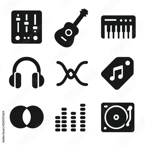 Music Genre Icons. Solid, filled icons set of genre blending in music: DJ mixer, acoustic guitar, synth