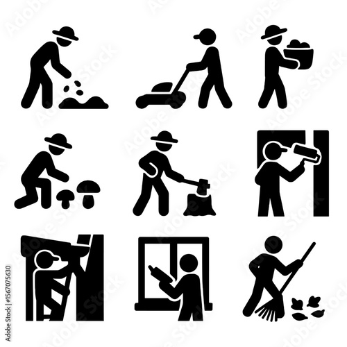 Dacha Activity Icons. Solid, filled icon set of seasonal activities at the dacha: planting seeds, mowing grass, harvesting crops,