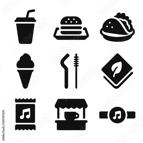 Music Event Refreshments Icons. Solid, filled icons set of food and drink at music events: soda cup, burger