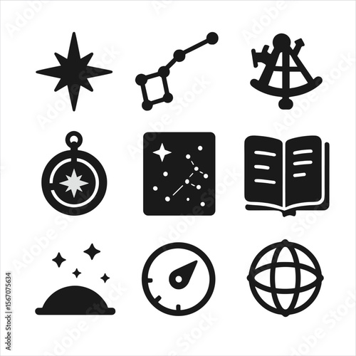 Celestial Navigation Icons. Solid, Filled icon set of celestial navigation: North Star, constellation Ursa Major, sextant,