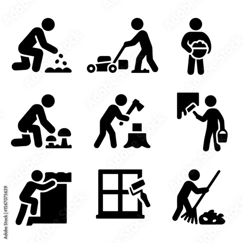 Dacha Activity Icons. Solid, filled icon set of seasonal activities at the dacha: planting seeds, mowing grass, harvesting crops,