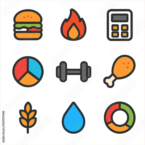 Calorie Tracking Icons. Flat icon set of calorie and nutrition stats: calories consumed, calories burned, net calories, macro